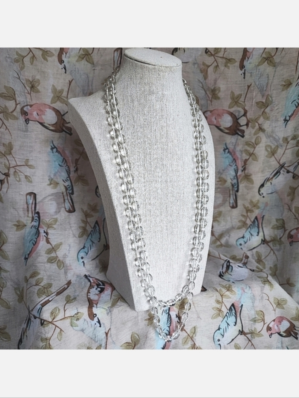 Very Long Smooth Clear Glass Vintage Knotted White Cord Beaded Necklace